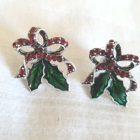Silver Christmas Holly Bow Rhinestone Earrings - Picture 2 of 4
